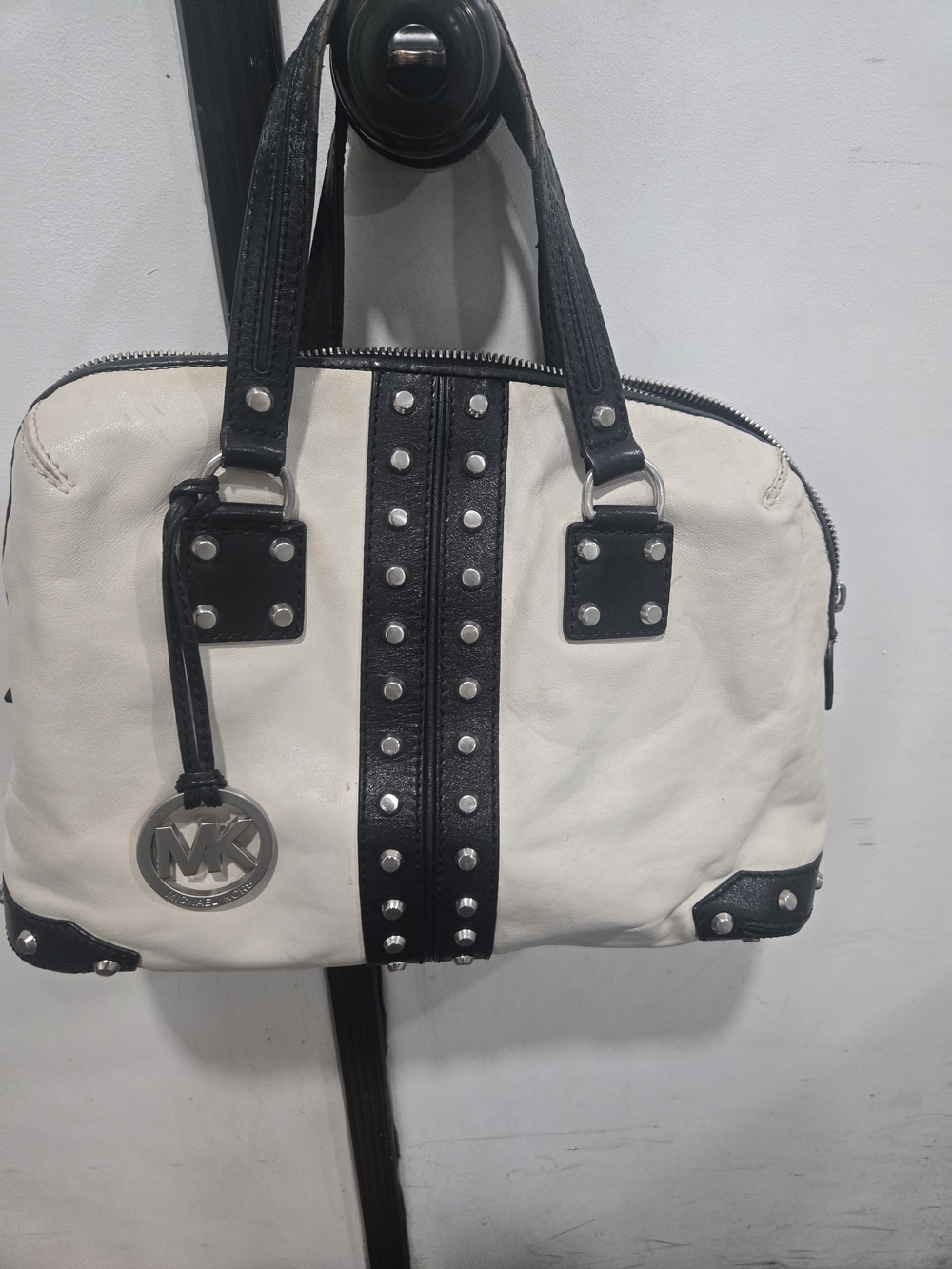 Michael Kors White and Black Studded Satchel with MK Charm